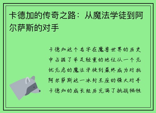 卡德加的传奇之路：从魔法学徒到阿尔萨斯的对手